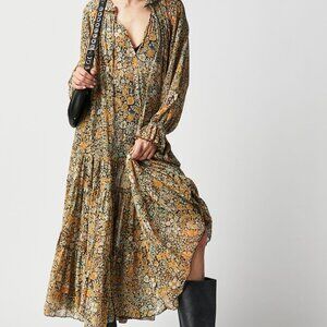 Free People Feeling Groovy Maxi Dress Black Combo, Women's large, floral boho